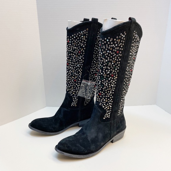 Beverly Feldman Western Boots Black Suede Leather Rhinestone Multi-Color Size 9 - Picture 3 of 14